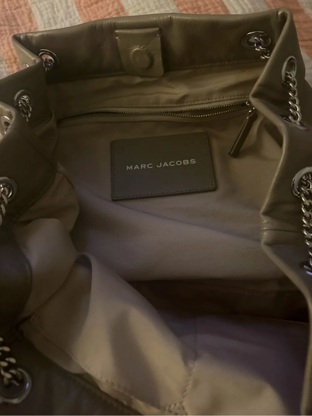 Marc Jacobs Taupe Leather The Sack Bag Duffel with Chain-Strap. Like new